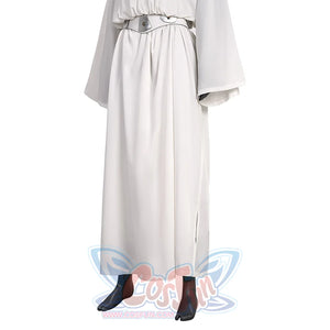 Star Princess Leia Cosplay Costume, the robe has slits on both sides of the hem, right side view.