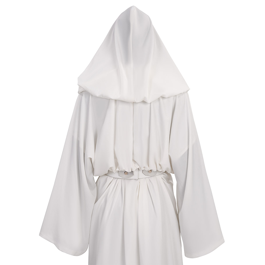Star Princess Leia Cosplay Costume, white hooded robe and matching belt, back view.