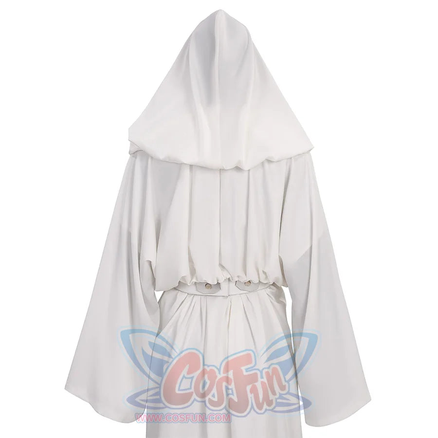 Star Princess Leia Cosplay Costume, white hooded robe and matching belt, back view.