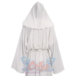 Star Princess Leia Cosplay Costume, white hooded robe and matching belt, back view.