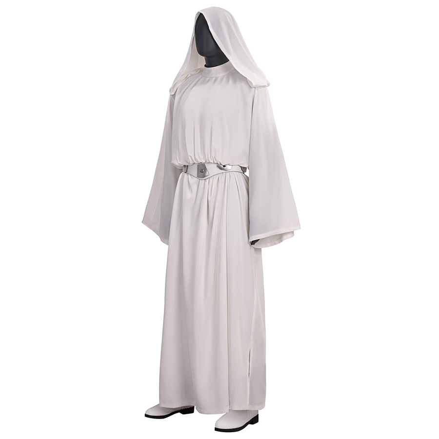 Star Princess Leia Cosplay Costume, the robe and hood were both loose, left side view.