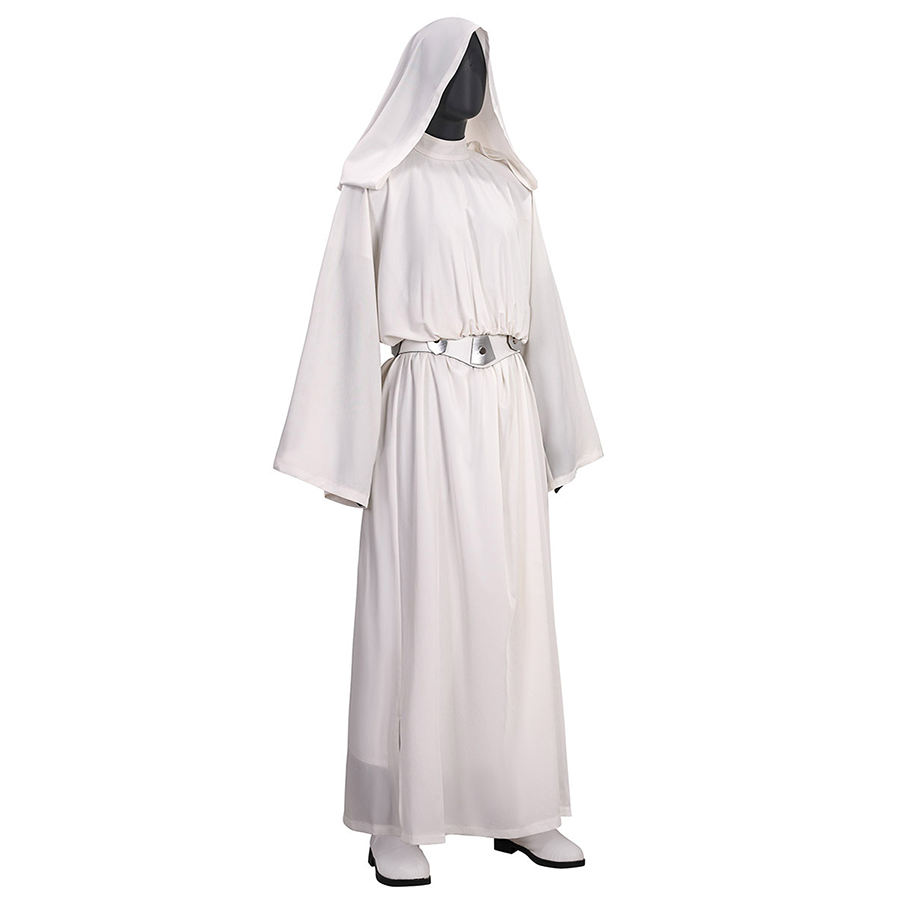 Star Princess Leia Cosplay Costume, the robe has slits on both sides of the hem, right side view.