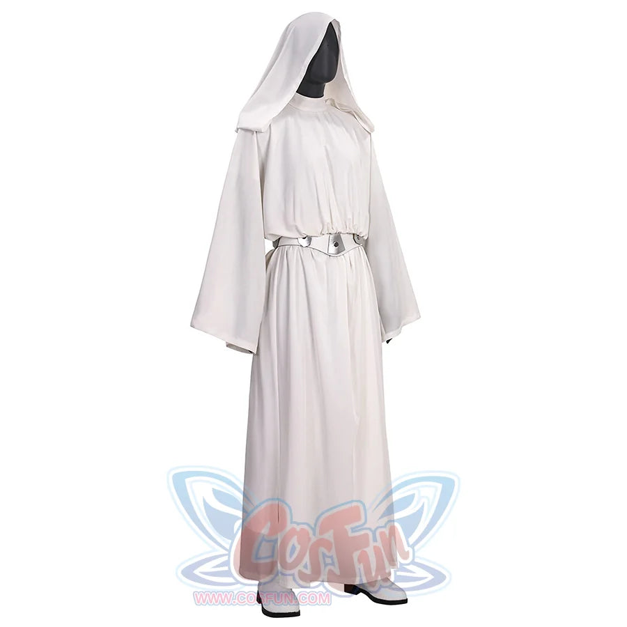 Star Princess Leia Cosplay Costume, the robe has slits on both sides of the hem, right side view.