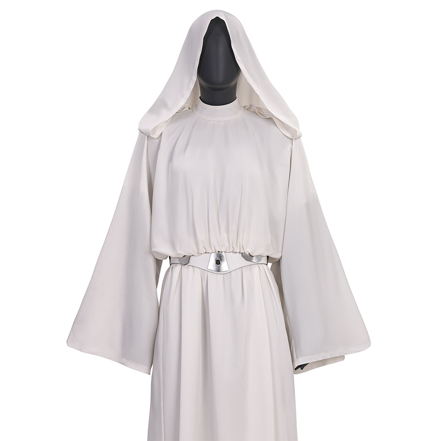 Star Princess Leia Cosplay, robe with stand-up collar design, white belt with sliver decorations.