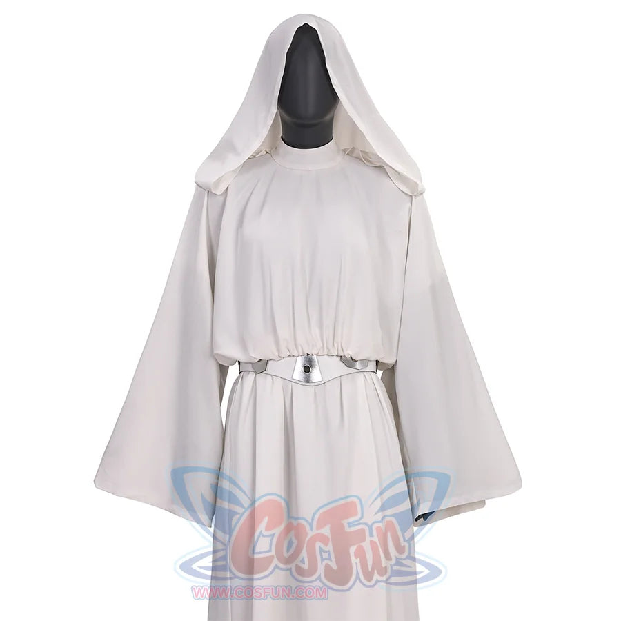 Star Princess Leia Cosplay, robe with stand-up collar design, white belt with sliver decorations.