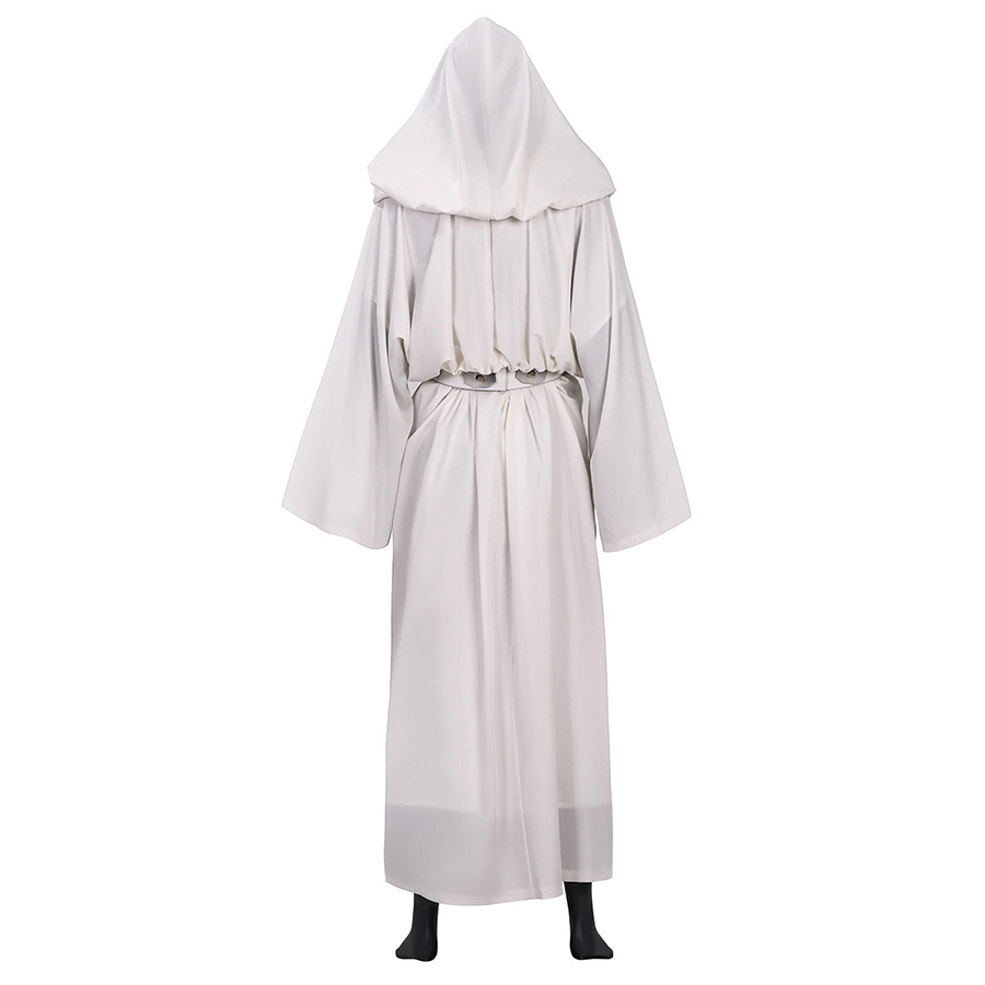 Star Princess Leia Cosplay Costume, white hooded robe and matching belt, back view.