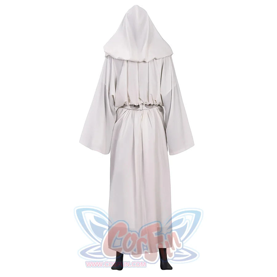 Star Princess Leia Cosplay Costume, white hooded robe and matching belt, back view.