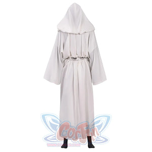 Star Princess Leia Cosplay Costume, white hooded robe and matching belt, back view.