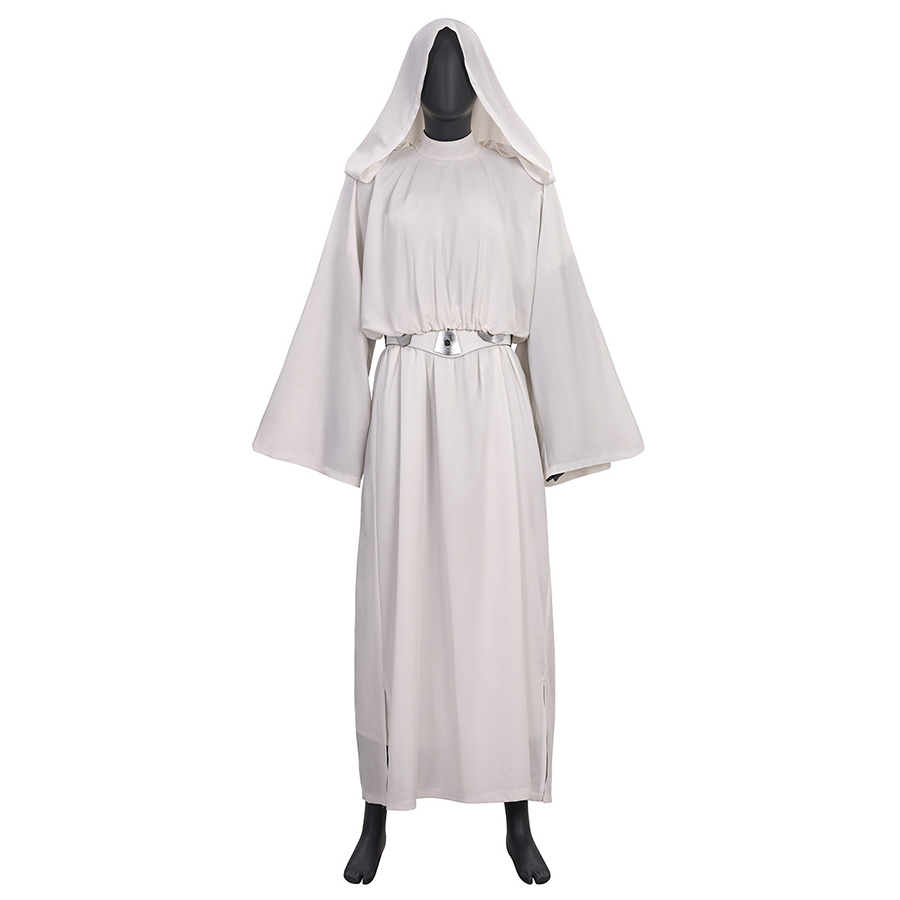 Star Princess Leia Cosplay Costume, white hooded robe and matching belt, front view.