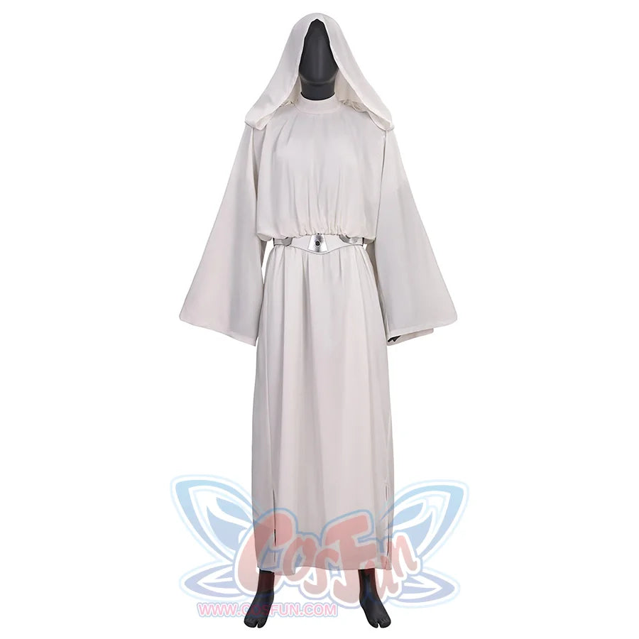 Star Princess Leia Cosplay Costume, white hooded robe and matching belt, front view.
