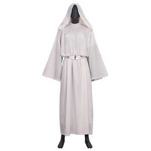 Star Princess Leia Cosplay Costume, white hooded robe and matching belt, front view.