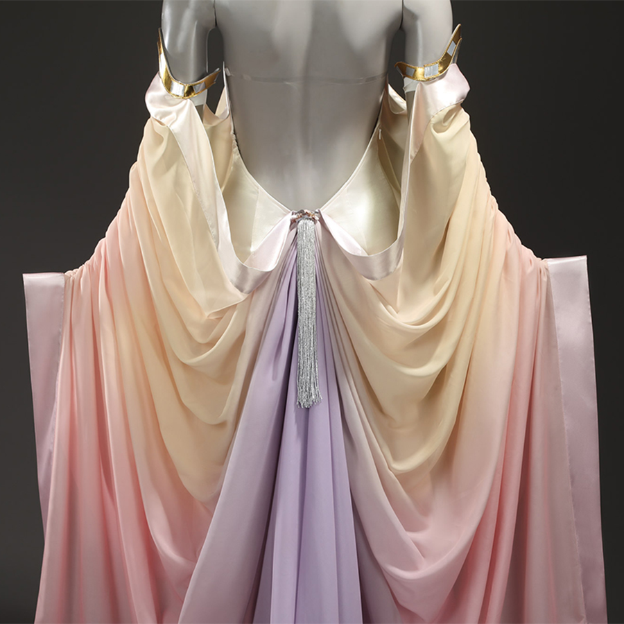 Star Wars: Episode 2 Padmé Amidala Cosplay Costume, yellow, pink and purple outfit, backless design.