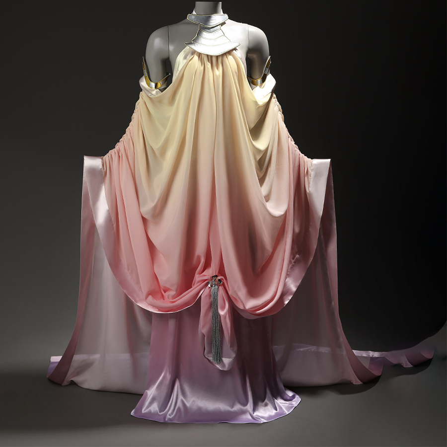 Star Wars: Episode 2 Padmé Amidala Cosplay Costume, yellow, pink and purple outfit, front view.