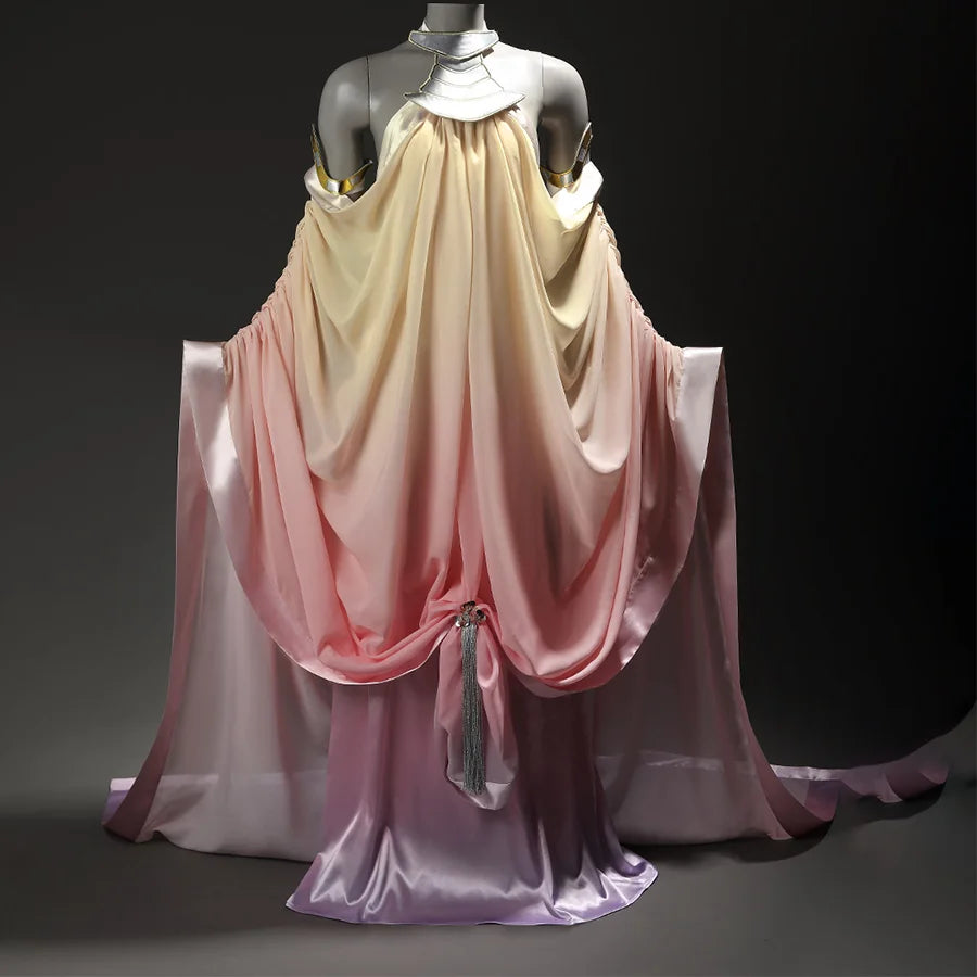 Star Wars: Episode 2 Padmé Amidala Cosplay Costume, yellow, pink and purple outfit, front view.