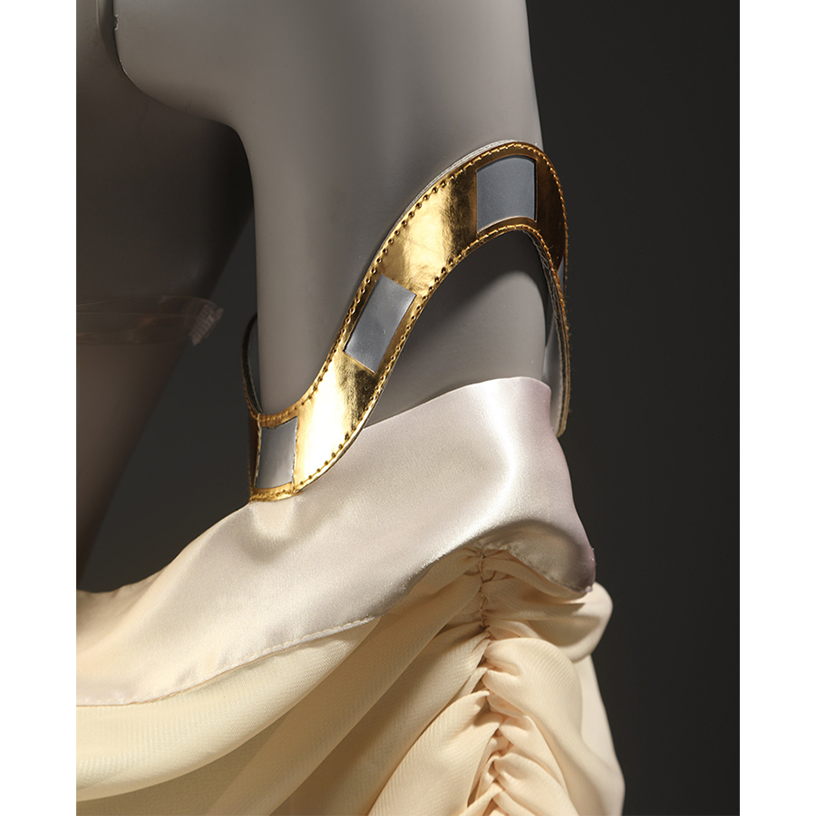 Star Wars: Episode 2 Padmé Amidala Cosplay Costume, the sleeves are gold wave-shaped rings with sliver decorations.
