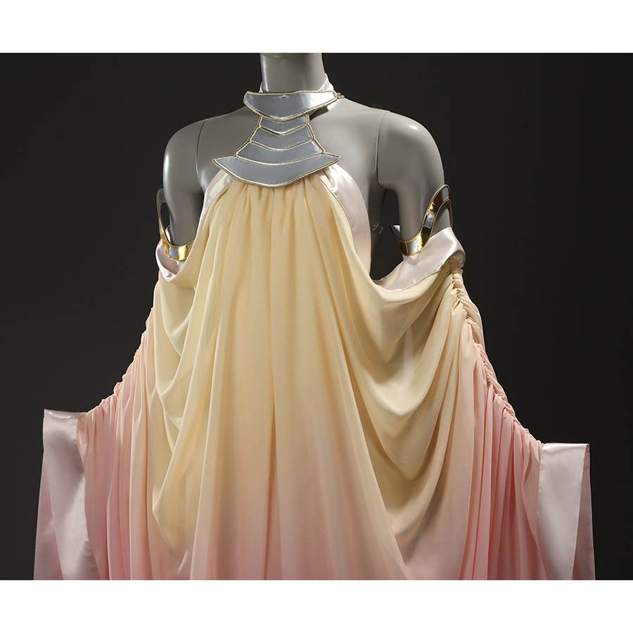 Star Wars: Episode 2 Padmé Amidala Cosplay Costume, the upper body view of dress is a gradient of yellow, pink.