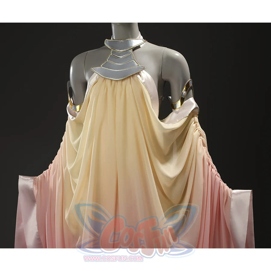 Star Wars: Episode 2 Padmé Amidala Cosplay Costume, the upper body view of dress is a gradient of yellow, pink.