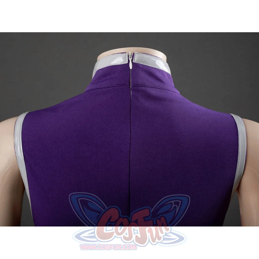 Starfire cosplay costume back neck close-up showing silver collar trim and back zipper on purple dress