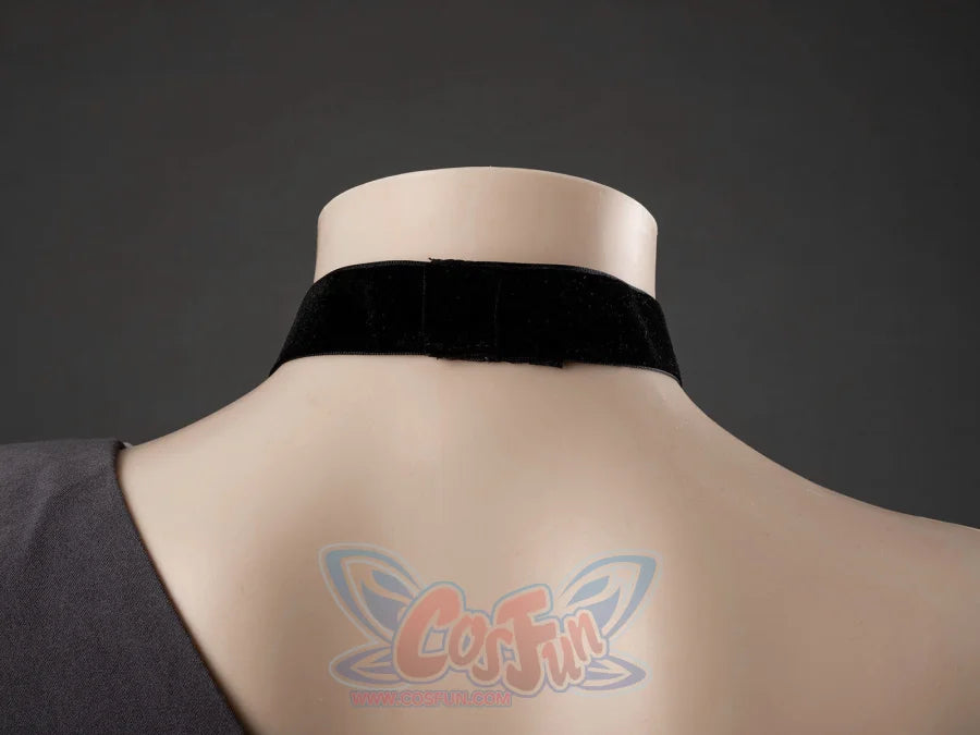 Starfire cosplay costume accessory detail showing black velvet choker necklace on mannequin neck with gray jacket
