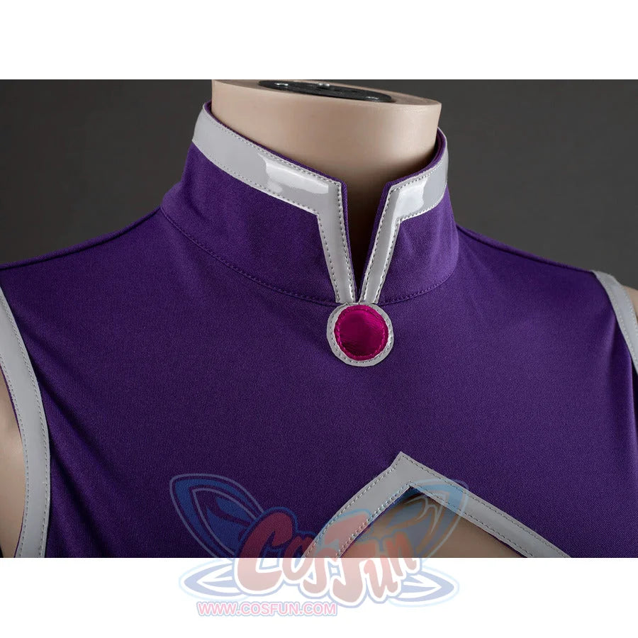 Starfire cosplay costume close-up of purple high collar with silver V-trim and red gem brooch at the chest