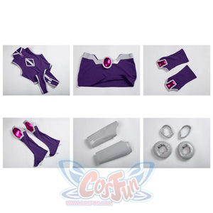 Starfire cosplay complete costume set flat lay with all pieces and accessories organized display