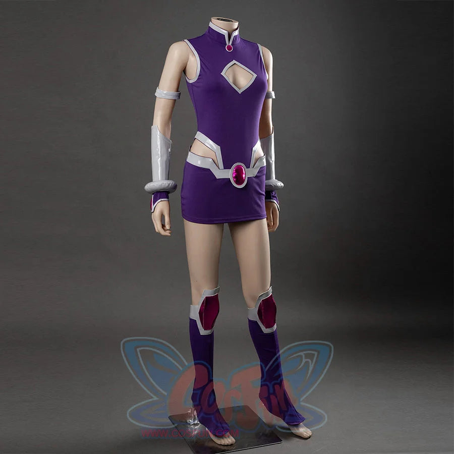 Starfire cosplay costume full length front view, purple mini dress with diamond cutout, silver arm guards, and gem belt