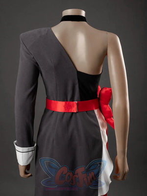 Starfire cosplay costume full back view showing open back design, gray one-sleeve dress, red sash bow, and white cuff