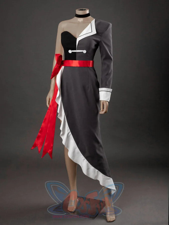 Starfire cosplay costume full length front view on mannequin, black asymmetric dress with red sash and white ruffle
