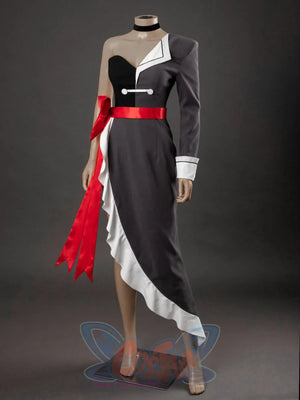 Starfire cosplay costume full length front view on mannequin, black asymmetric dress with red sash and white ruffle