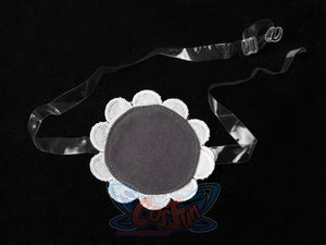 Starfire cosplay costume accessory, gray circular brooch with white scalloped lace edge on black velvet choker ribbon