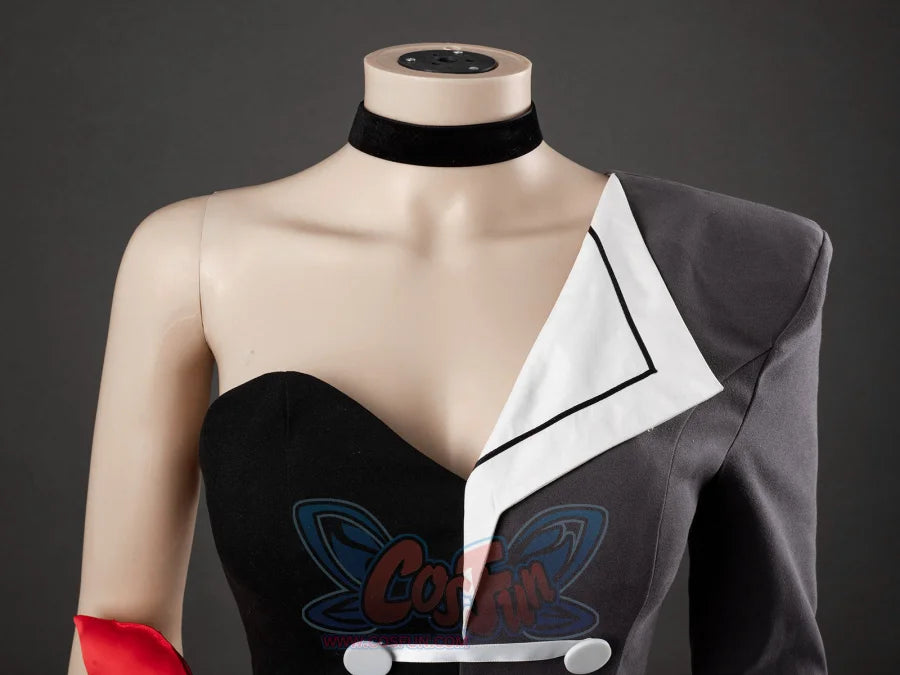 Starfire cosplay costume detail shot of jacket lapel, black sweetheart bodice, white lapel trim, and choker necklace