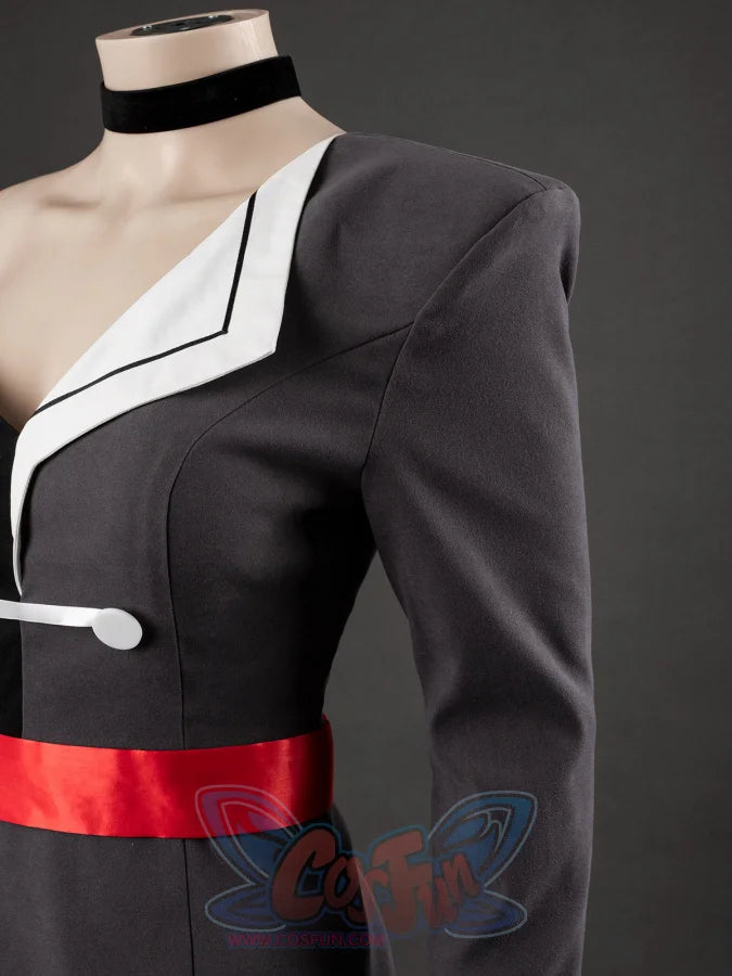 Starfire cosplay costume shoulder and sleeve detail, gray jacket with white V-lapel, button bar clasp, and red sash