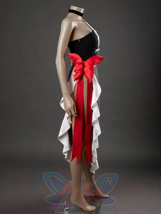 Starfire cosplay costume side view on mannequin, showing red bow sash at back and white ruffled skirt panels