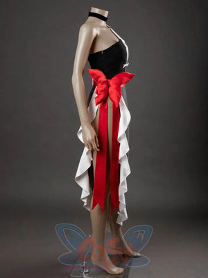 Starfire cosplay costume side view on mannequin, showing red bow sash at back and white ruffled skirt panels