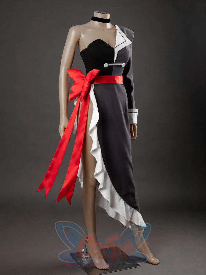 Starfire cosplay costume on mannequin, three-quarter view of black asymmetric dress with large red bow sash