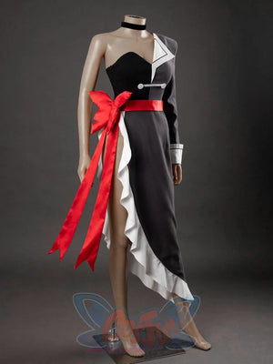 Starfire cosplay costume on mannequin, three-quarter view of black asymmetric dress with large red bow sash