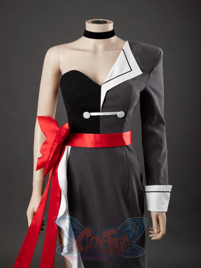 Starfire cosplay costume upper body close-up, gray jacket with asymmetric lapel, black bodice, red sash, and button clasp