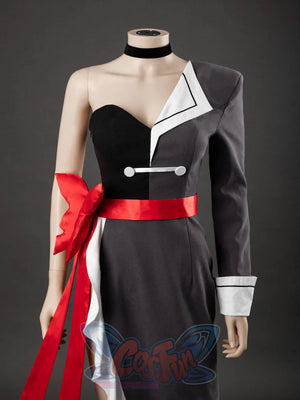 Starfire cosplay costume upper body close-up, gray jacket with asymmetric lapel, black bodice, red sash, and button clasp