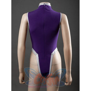 Starfire cosplay purple bodysuit dress back view on mannequin, open back with silver V-trim at waist and silver collar