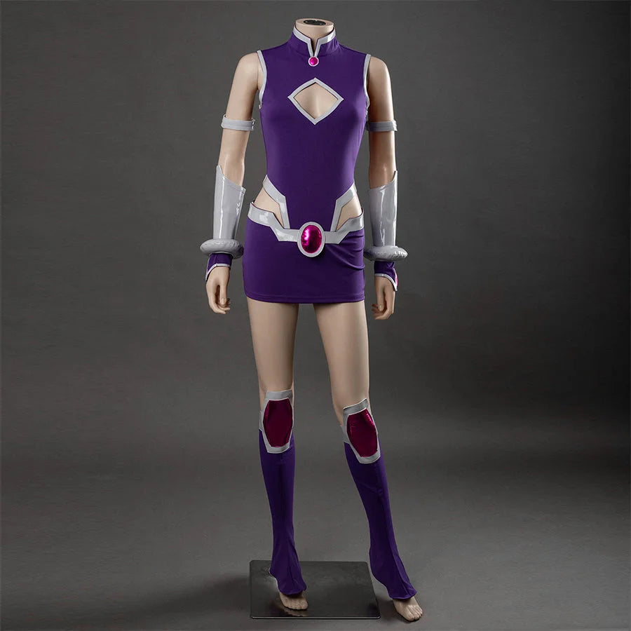 Starfire cosplay costume full front view on mannequin, purple dress with silver arm guards, pink gem belt, and knee guards
