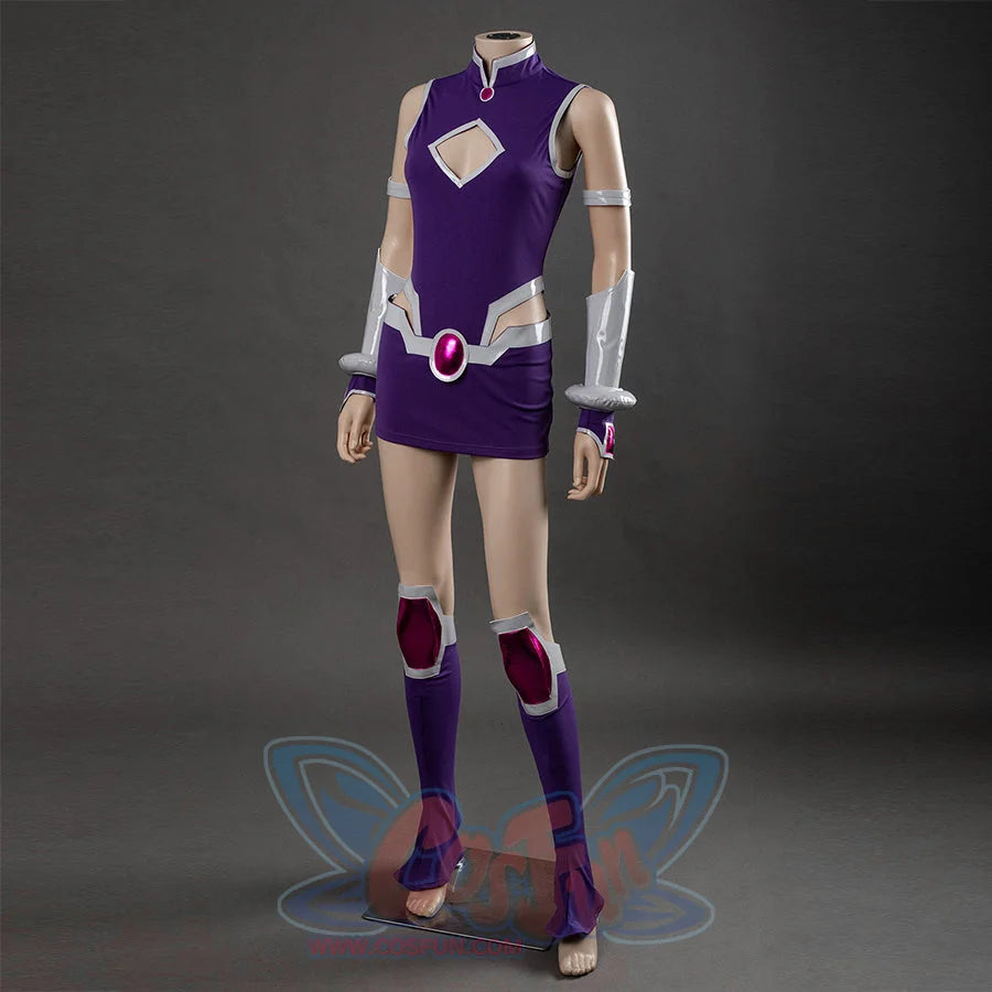 Starfire cosplay costume three-quarter angle view on mannequin, purple dress with silver arm guards and pink gem belt