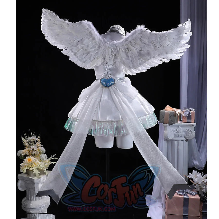 White angel Stocking Cosplay Costume with feathered wings, layered dress, and blue heart gems