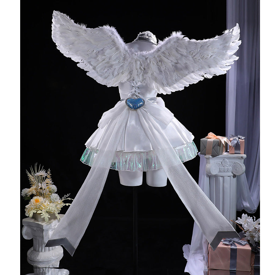 White angel Stocking Cosplay Costume with feathered wings, layered dress, and blue heart gems