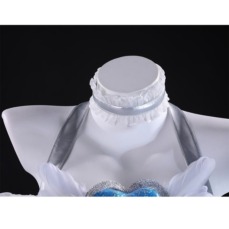 Close-up of Stocking Cosplay Costume white ruffled collar with gray satin shoulder straps