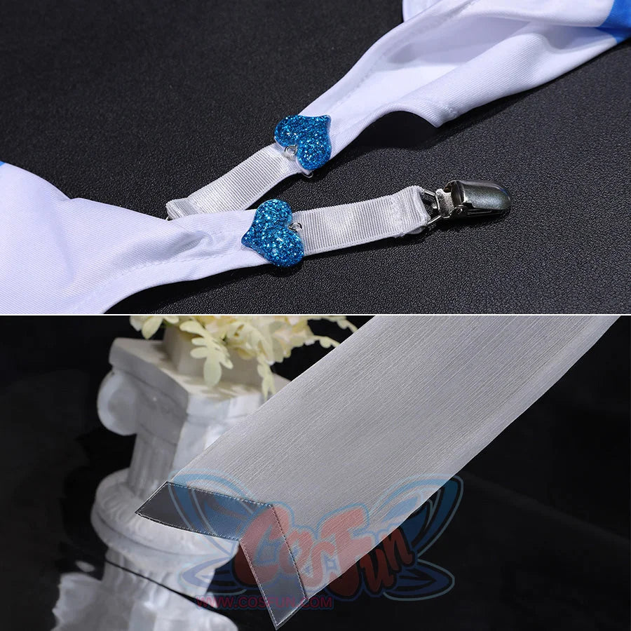 Stocking Cosplay Costume white waist bow with blue heart gems and gray sleeve details