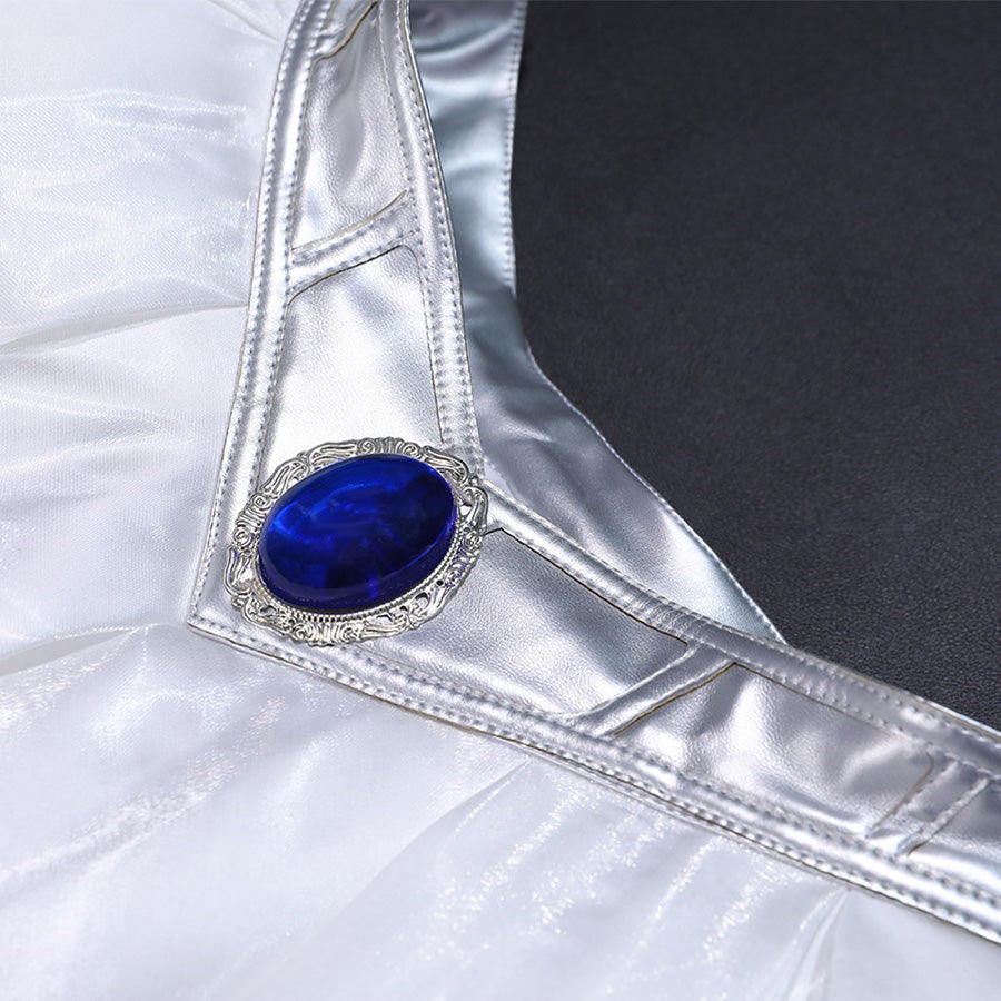 Stocking Cosplay Costume fabric detail showing gray satin with blue gem and silver trim