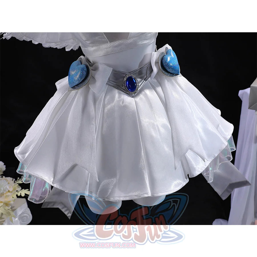Stocking Cosplay Costume layered white skirt with gray belt and blue heart gem decorations