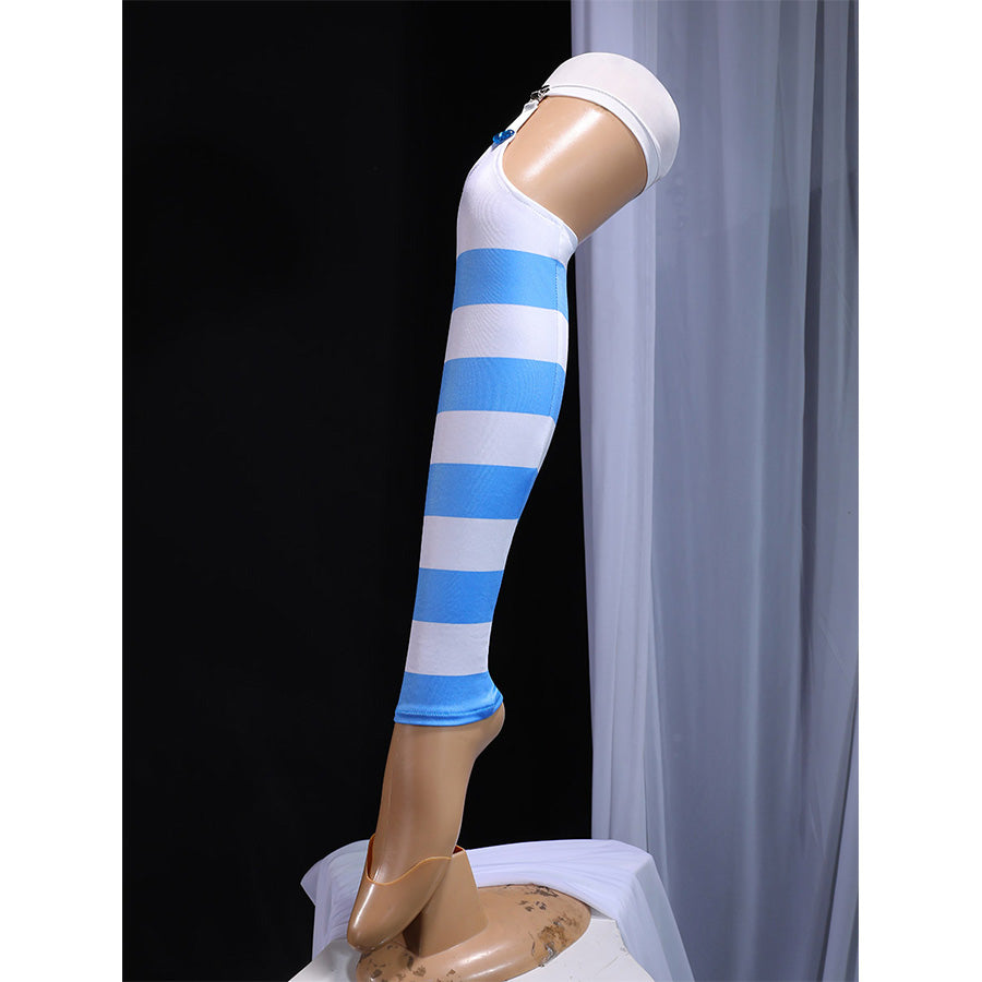 Blue and white striped thigh-high stockings included with Stocking Cosplay Costume