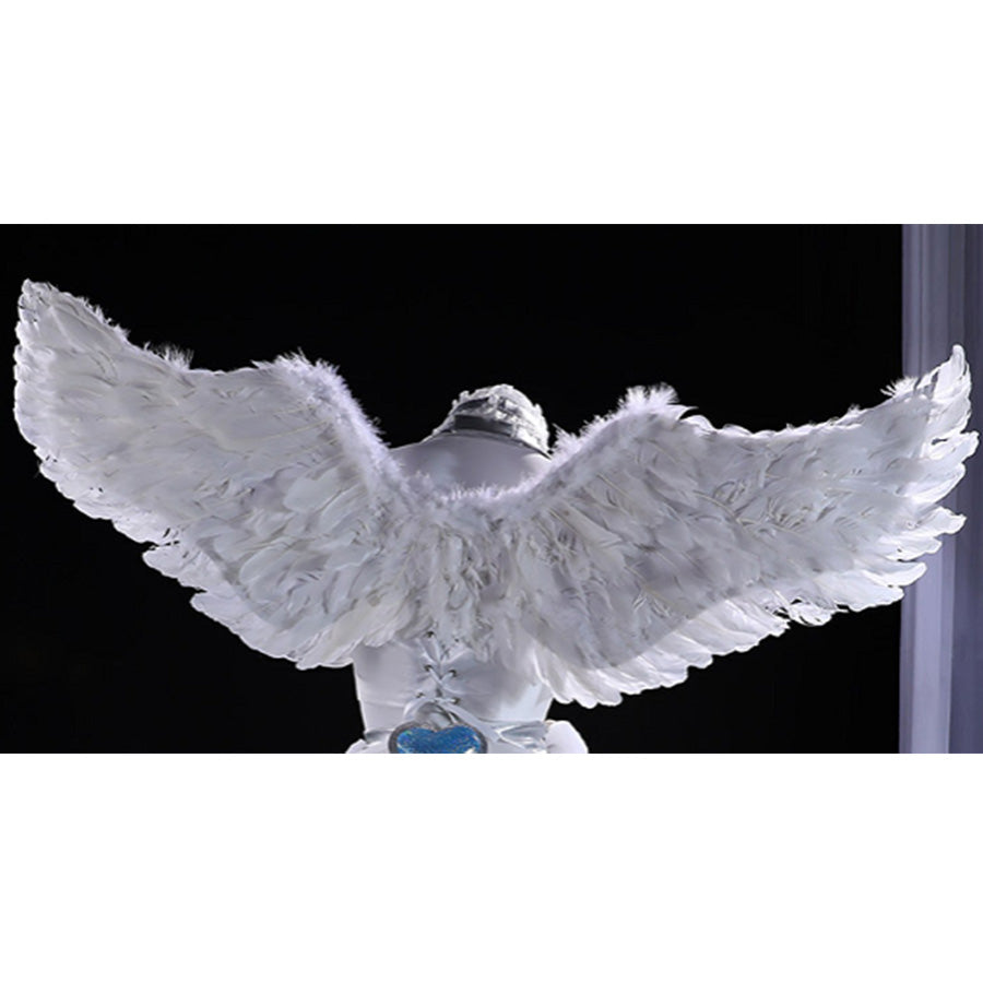 Close-up of white feathered angel wings included with Stocking Cosplay Costume