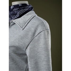Right side detail: Eleven Cosplay Costume gray cropped collared top with dark blue paisley headscarf.